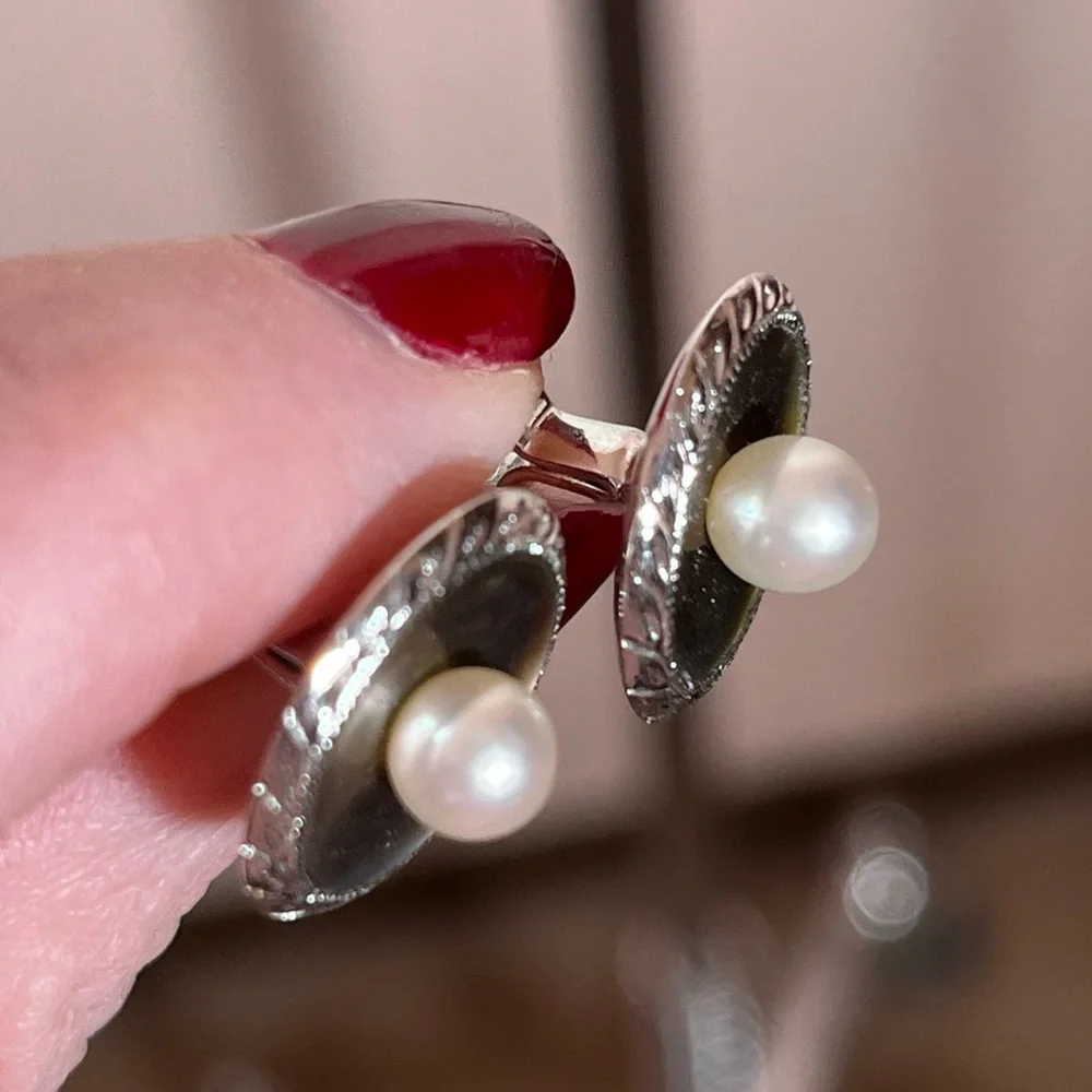Antique Vintage Sterling silver MOP Real Pearl Round MCM Mod Art Deco Cufflinks